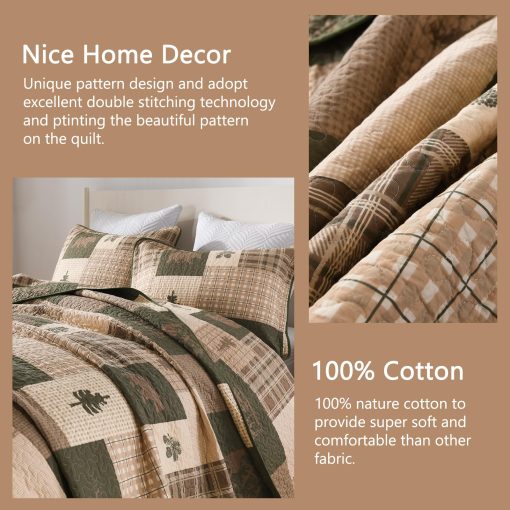 Edredon Queen Size Finlonte, 100% Algodon Edredon Cabana Queen, Juego de Edredon de Cabana de Granja Queen, Colcha Reversible Ligera para Todas las Estaciones, Marron/Verde Grisaceo/Beige - Imagen 4