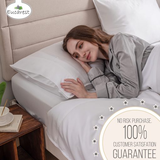 Juego de sabanas Split-King de Lyocell de Eucalipto, Hipoalergenico 100% Organico Tencel, Regulacion Termica y Absorcion de Humedad para Personas que Duermen Calientes, Calidad Superior de Hilos, Bolsillos Extra Profundos - Blanco - Imagen 4