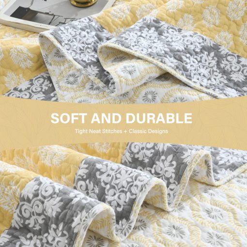 Juego de Colchas King Size SahSahCasa, Colcha King, 100% Algodon, Colcha Floral King, Juego de Ropa de Cama de Colcha, Colcha Reversible de Retazos Ligera para Todas las Estaciones, Amarillo/Gris, 3 Piezas - Imagen 5