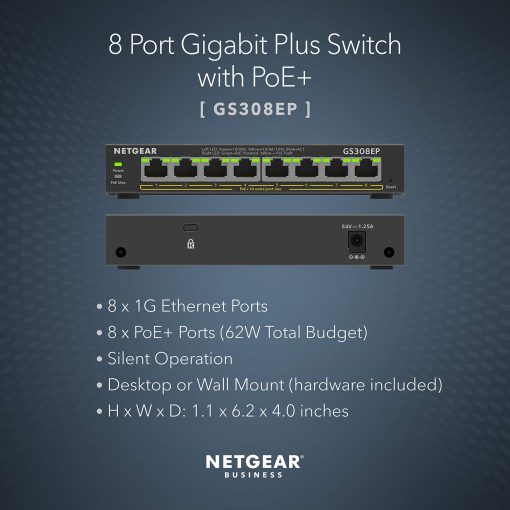 Switch Ethernet Gigabit PoE Plus de 8 Puertos NETGEAR (GS308EP) - con 8 x PoE+ @ 62W, para Escritorio o Montaje en Pared - Imagen 2