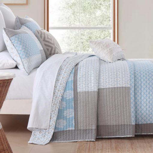 Juego de Colcha PANGUSHAN tamaño Queen, Juego de Cama de Algodon 100%, Colcha Reversible de Patchwork Floral para Cama Queen, Colcha Ligera en Azul Claro/Gris, Edredon Ligero para Todas las Estaciones, 3 Piezas - Imagen 3