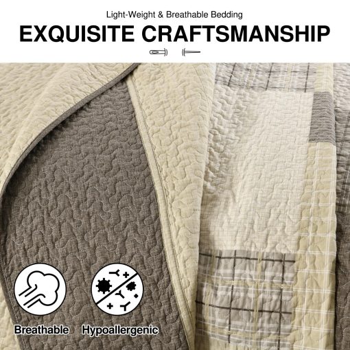 Colcha King DDUOXIN 120" W x 120 L - Edredon King Oversized 100% Algodon con 2 Fundas de Almohada, Colchas Reversibles Cubrecamas Juegos de Cama Livianos, Juego de Cama Beige/Marron, 3 Piezas - Imagen 5
