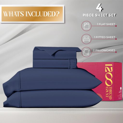 Juego de sabanas Queen Size 100% algodon egipcio Mayfair Linen - 1200 hilos 4 PC Juego de sabanas Queen Size de algodon egipcio, sabana de lujo de algodon egipcio, sabanas de alto hilo, bolsillo profundo de 16" - Azul Marino - Imagen 4
