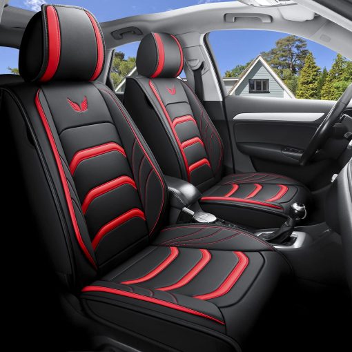 Juego de cubiertas de asiento para automovil JielinKar de 5 asientos, tipo universal, apto para la mayoria de los autos, SUVs, camionetas con airbags, compatible con cojin de asiento de automovil de cuero sintetico (Negro-Rojo) - Imagen 2