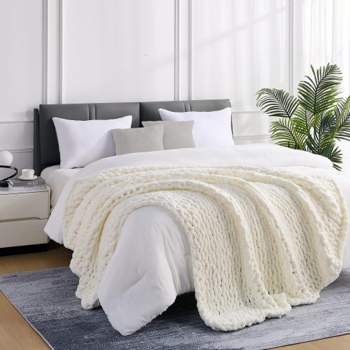 Manta de Punto Grueso L'AGRATY: Manta de Chenilla Suave de 60x80 - Manta de Ganchillo Grueso Hecha a Mano - Manta de Cable Grueso para Sofa Cama Decoracion del Hogar (Blanco Crema) - Imagen 7