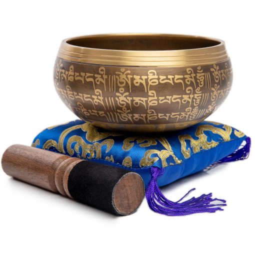 Set de Cuenco Tibetano - Facil de Tocar Autentico Hecho a Mano Para la Meditacion Cuenco Sonoro Yoga de Sanacion 4 Pulgadas por Himalayan Bazaar (Marron y Azul)