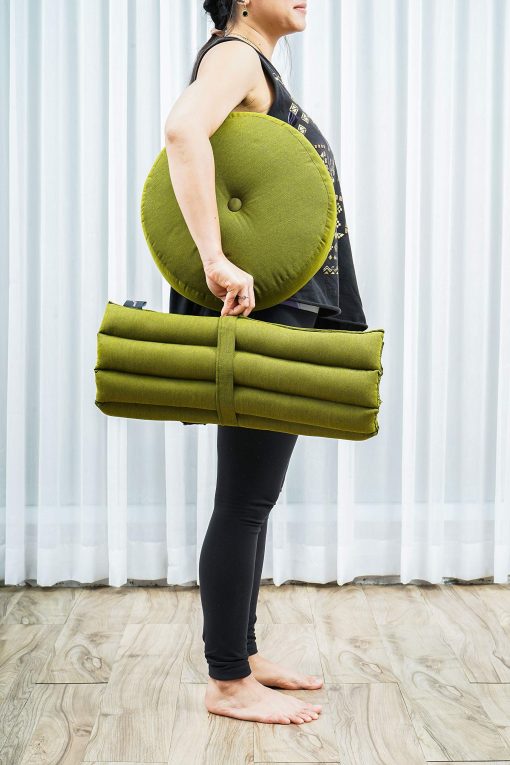 Set de cojin de meditacion Leewadee ? 1 cojin pequeno de yoga Zafu y 1 pequena alfombra enrollable Zabuton llenos de Kapok, Verde - Imagen 2