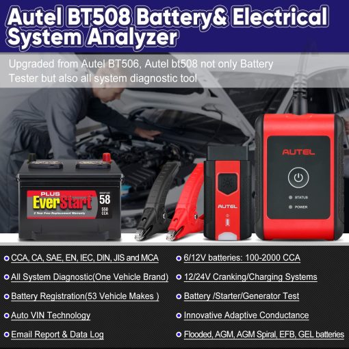 Probador de Bateria Autel MaxiBAS BT508, Actualizado de BT506, Probador de Carga de 6V 12V 100-2000 CCA, Analizador de Bateria de Automovil de Carga de Arranque, Conductancia Adaptativa (Valorado en $1000), Herramienta de Diagnostico de Todos los Sistemas - Imagen 2