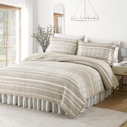 Colcha Queen Size Qiqiong, 100% Algodon Juego de Ropa de Cama Bohemia Colcha Reversible Acolchada Queen Size Beige Blanco Rayado Conjunto de Edredon Ligero Cubrecama para Todas las Estaciones 3 Piezas - Imagen 2