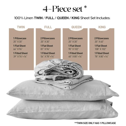 Juego de sabanas de lino lavado 100% Simple&Opulence-Tamano King-Lino Natural de Francia-4 Piezas Transpirable, Ultra Suave, Ropa de Cama Campestre (1 Sabana Plana, 1 Sabana Ajustable, 2 Fundas de Almohada)-Bordado Gris - Imagen 6