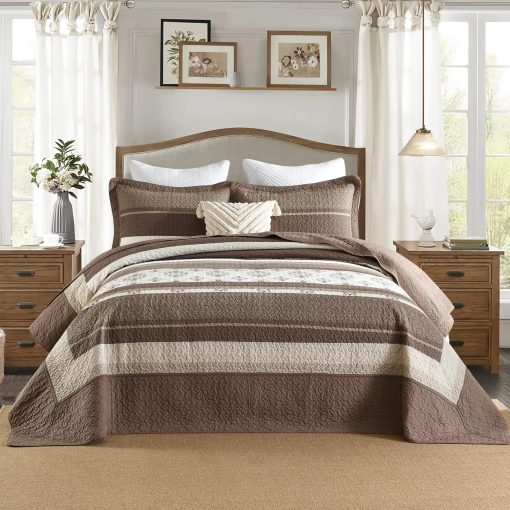 Colcha de cama de algodon 100% tamano Queen extragrande - 102"x120" Juego de colchas reversible con estampado a rayas marron, edredon ligero, cubrecamas transpirable de estilo campestre, marron/beige
