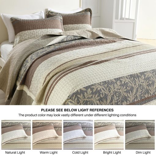 Colcha King Oversized DDUOXIN 128" W x 120 L - Edredon California King 100% Algodon con 2 Fundas de Almohada, Juego de Colcha Reversible de Peso Ligero, Beige/Marron/Gris, 3 Piezas - Imagen 7