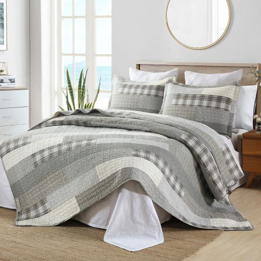 PERHOM Colcha Queen de 100% Algodon, Juego de Colchas Queen en Gris (Gris) con Cuadros a Cuadros, Colcha de Cama Queen de Tamano Grande Reversible y Suave para Todas las Estaciones, 3 Piezas - Imagen 8