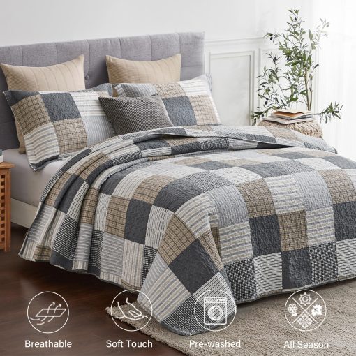 Juego de Edredon Queen Size de Cuadros de Finlonte - 100% Algodon, Colcha acolchada estilo country y farmhouse, Juego de Ropa de Cama Reversible Ligero, Gris Marron Negro Blanco, Colchon de Cama para Todas las Estaciones 3 Piezas - Imagen 2