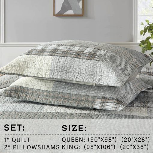 PERHOM Colcha Queen de 100% Algodon, Juego de Colchas Queen en Gris (Gris) con Cuadros a Cuadros, Colcha de Cama Queen de Tamano Grande Reversible y Suave para Todas las Estaciones, 3 Piezas - Imagen 4