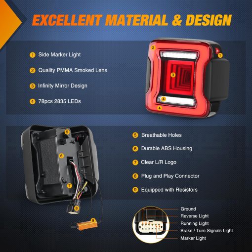 Nilight JL Tail Light LED Lente Ahumado LED Luz de Reversa Blanca Luz Roja de Freno Correr Señales de Giro de Posicion de Parada Aprobado por DOT Compatible con 2018-2023 Jeep Wrangler JL, Garantia de 2 Años - Imagen 5
