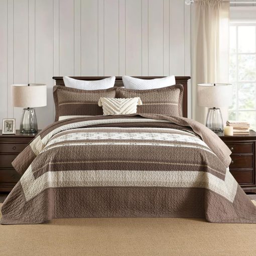 SahSahCasa Colcha Edredon de Reina de 120"x102" 100% Algodon, Juego de Colcha, Edredon Extra Grande, Cobertor de Cama XL, Relleno Ligero, 3 Piezas, Beige/Marron Oscuro - Imagen 2