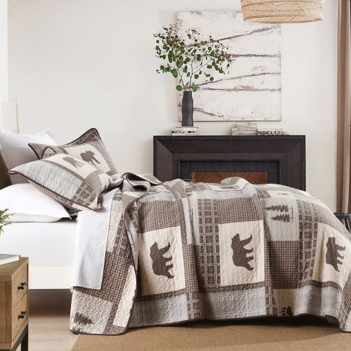 Colcha de Granja Quilta Tamano King - Juego de Ropa de Cama de Patchwork a Cuadros de Algodon 100% con Patron de Animales, Suave y Ligero Colcha Bohemia de 3 Piezas para Todas las Estaciones, Marron/Beige - Imagen 3