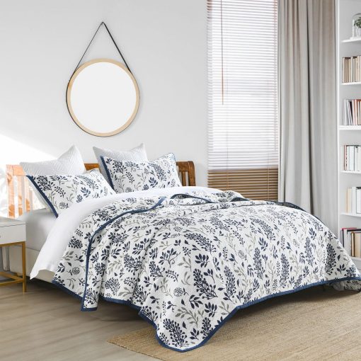 Edredon tamaño Queen LORRIARD, 100% Algodon Floral Juego de Colcha Queen, Juego de Cama Queen Azul Gris de Estilo Granja, Colcha Reversible Ligera para Todas las Estaciones, 3 Piezas - Imagen 2