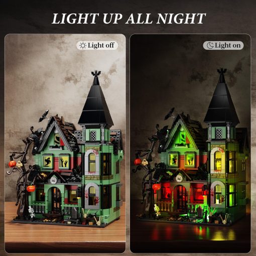 Set de Construccion de Casa Embrujada, Juguete de Casa de Halloween con Luces Compatible con Lego, Arquitectura Tema de Terror Incluye Calabaza Esqueleto Espeluznante Murcielago Bloques de Figura, Regalo para Ninos 8+ y Adultos - Imagen 4