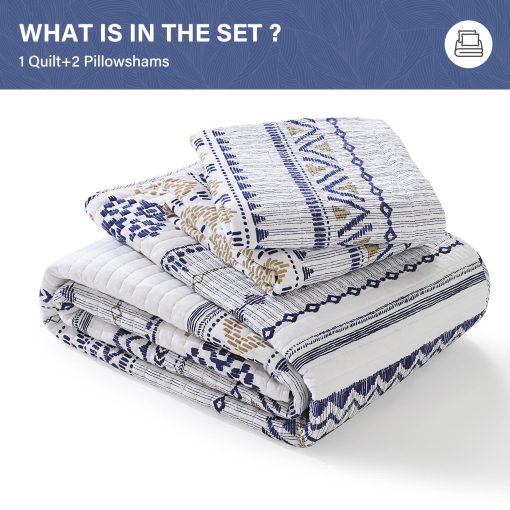 Juego de Colcha Queen Size SahSahCasa, Set de Colcha Queen, Colcha Boho 100% Algodon, Set de Ropa de Cama Queen Edredones, Colchas Reversibles Bohemias Rayadas Ligeras para Todas las Estaciones, Blanco/Azul Marino/Beige - Imagen 6