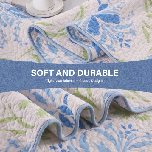 Colcha Queen Size SahSahCasa, 100% Algodon Colcha Floral Queen, Juego de Colcha Queen Edredones, Colchas Reversibles Ligeras para Cama Queen, para Todas las Estaciones, Azul/Verde, 3 Piezas - Imagen 5
