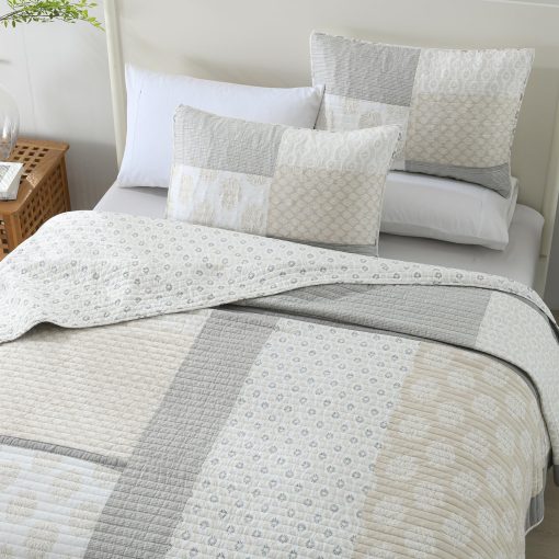 Edredon King Floral para Mujeres - Juego de 3 Piezas de Edredon 100% Algodon Ligero, Colcha Reversible King, Mantas Suaves para Todas las Estaciones, Moonbeam/Blanco/Gris - Imagen 3