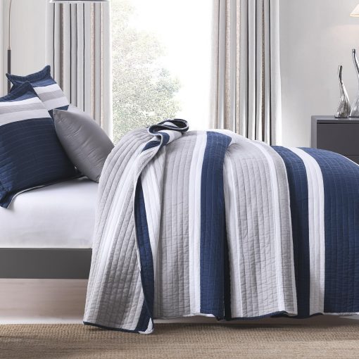 Edredon Queen Size a rayas azul marino PERHOM, Edredon Queen de algodon 100% con 2 fundas, Colchas/Colcha/Conjunto de ropa de cama Queen ligero para todas las estaciones, 3 piezas - Imagen 3