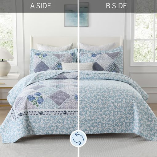 Colcha Extra Grande de Algodon al 100% de Finos Bordados 120"x102", Colchas de Cama Queen Livianas, Colcha Floral Extra Grande, Cubrecamas Reversible Acolchados, 3 Piezas, Azul - Imagen 6
