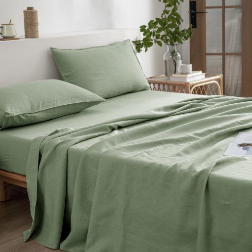 Conjunto de sabanas de lino EVERLY tamano individual, 100% puro lino frances, 3 piezas (1 sabana encimera, 1 sabana ajustable, 1 funda de almohada) Adecuado para personas que duermen calientes, juego de ropa de cama natural de bolsillo profundo color verde saga - individual - Imagen 3