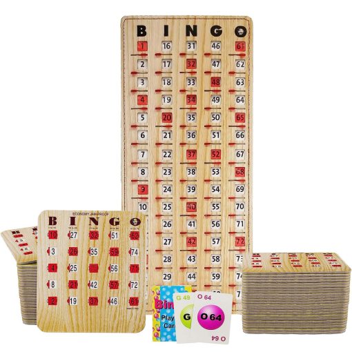 Tarjetas de Bingo MR CHIPS a Prueba de Atascos con Ventanas Deslizantes, 50 Tarjetas de Bingo Reutilizables, 75 Tarjetas de Llamado de Bingo, 1 Tablero Maestro de Bingo en Estilo Madera de Grano de Madera de Granate