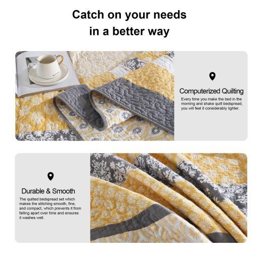 Colcha extragrande reversible de 100% algodon de 128"?120" para cama California King, juego de ropa de cama cubrecamas acolchados ligeros de estilo floral de granja, amarillo/gris - Imagen 7