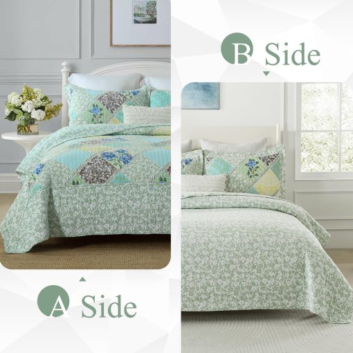 SahSahCasa 100% Algodon 120"x120" Colcha California King Extragrande, Juego de Cubrecama Acolchado Cal King, Colcha XL de Cama Estampada Ligera, 3 Piezas, Verde/Azul - Imagen 3