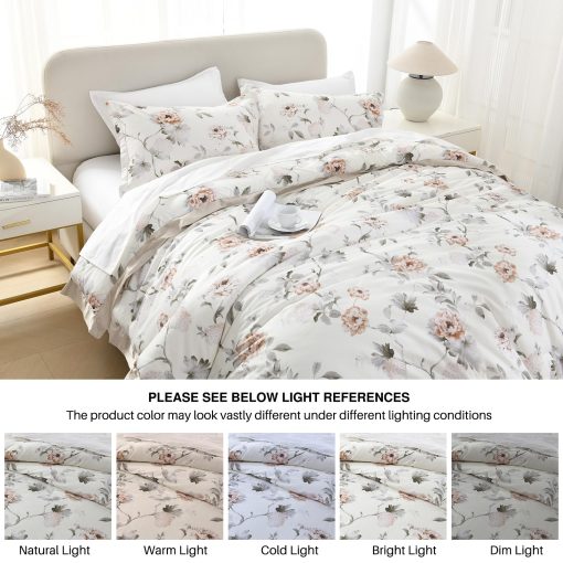 Juego de Edredon Queen DDUOXIN - Juego de Edredon de 3 Piezas de Algodon de Fibra Larga con Estampado Floral, Edredon Suave en Crema Verdoso Grisaceo para Cama Queen con 2 Fundas de Almohada - Imagen 7