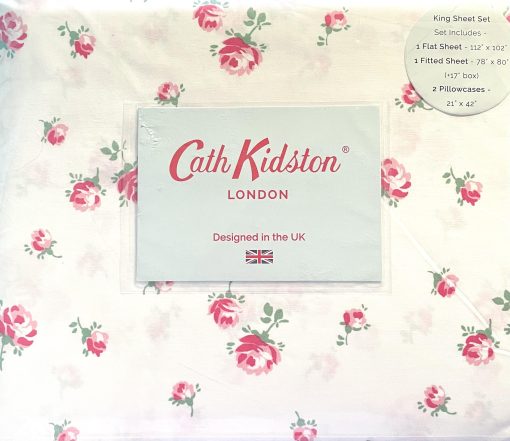 Juego de Sabanas CATH KIDSTON de la Coleccion de Lujo para el Hogar de Londres, 4 Piezas, 200tc, Rosa Floral, 100% Algodon Percale, Fresco y Ligero (SCATTERED ROSE, King (Tamaño Estandar de EE. UU.)), Blanco