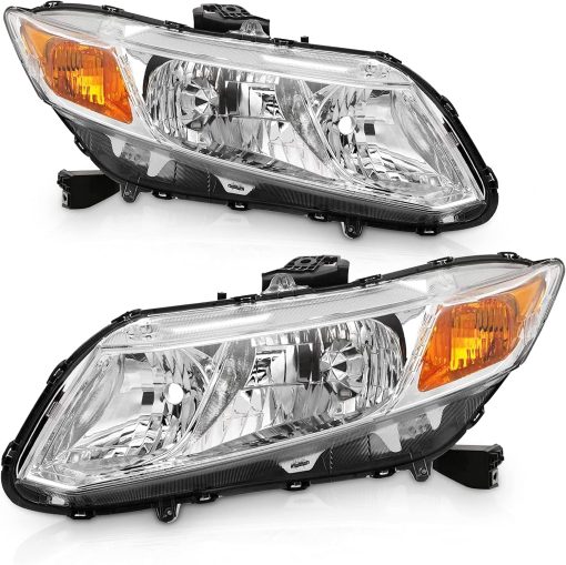 Conjunto de Faros Delanteros Compatible con Honda Civic 2012 2013 2014 2015 4 Puertas Sedan/ 2012 2013 Honda Civic 2 Puertas Coupe Carcasa Cromada Lado del Pasajero y del Conductor OEM# 33150-TR0-A01/33100-TR0-A01