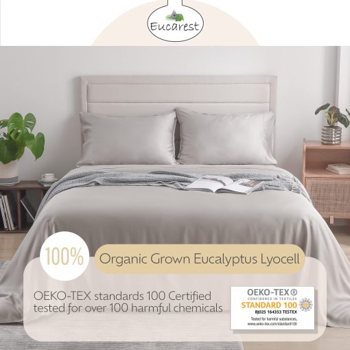 Juego de Sabanas Dividido Split-King de Eucalipto Lyocell, Hipoalergenicas 100% Organicas de Tencel, Regulacion Termica y Absorcion de Humedad para Personas Calurosas, Calidad de Hilo Superior, Bolsillos Extra Profundos - Gris - Imagen 6