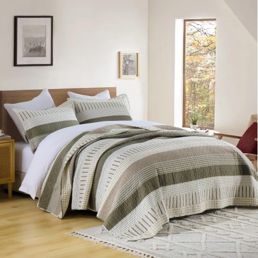 Juego de edredon de algodon Uniclinens tamano King, Juego de edredon de cama King, Colcha a rayas de estilo campestre, Edredon reversible ligero, Juego de 3 piezas con 2 fundas de almohada, Blanco/Marron/Gris/Verde