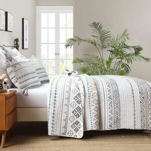 Juego de Edredon Queen Size DUOHONG - Juego de Colcha Edredon Queen, 100% Algodon Juego de Ropa de Cama Boho para Cama Queen, 3 Piezas Colcha Reversible Bohemia a Rayas Ligera Acolchada, Blanco - Imagen 3
