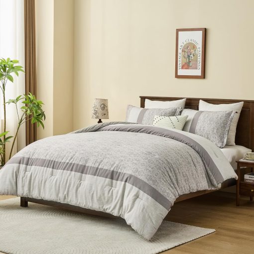 Juego de Edredon de Algodon de Fibra Larga SahSahCasa Tamano Queen, Set de Ropa de Cama Queen, Patron Rayado Atigrado Reversible y Esponjoso de Lujo Suave para Todas las Temporadas, Edredones y Alternativa al Plumon - Imagen 4