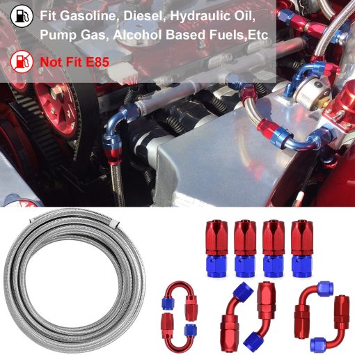 Kit de Linea de Combustible 6AN 3/8" Universal de Acero Inoxidable Trenzado en Plata de 20FT CPE Manguera de Gas Aceite Combustible con 10 Piezas de Conectores Giratorios para Manguera (Rojo y Azul) - Imagen 3