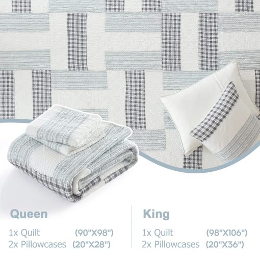 Colcha Queen Size Finlonte 100% Algodon Suave y Ligera Verdadero Patchwork Plaid Colcha Acolchada Conjunto de Ropa de Cama en Blanco Gris Negro 3 Piezas - Imagen 5