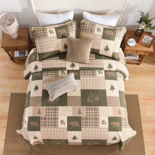 Juego de edredon SahSahCasa 100% algodon tamaño Queen, reversible de estilo rustico de cabaña de campo de granja, juego de ropa de cama, edredon ligero para cama Queen, 3 piezas, beige/verde grisaceo/marron - Imagen 4