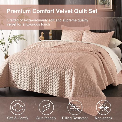 Edredon de Terciopelo Ivellow King Size, Rosa Colcha Ligera Completa Suave Reversible para Todas las Estaciones, Juego de Cama de Lujo de 3 Piezas de Terciopelo con Microfibra Cepillada con Cubierta Acolchada Bordada de Hojas - Imagen 2