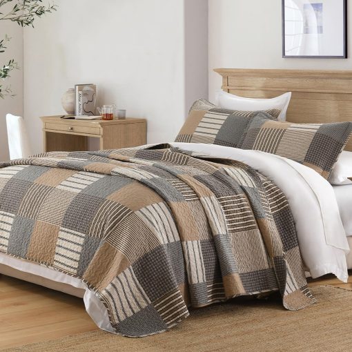 Juego de Edredon PANGUSHAN 100% Algodon Tamaño King, Edredon King, Colcha de Granja a Cuadros Ligera Juego de Ropa de Cama Rustica Cubrecamas Acolchado, Edredon Gris/Marron/Beige para Cama King, 3 Piezas - Imagen 3