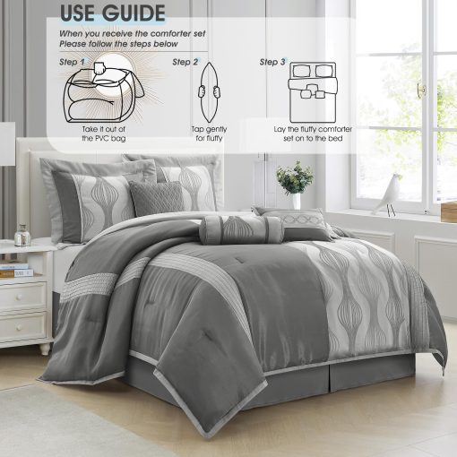 Juego de Edredon LANCO MODERN LIFESTYLE King, Gris, 7 Piezas en una Bolsa, Ultra Suave Jacquard con Piezas Solidas, Juego de Cama de Lujo con Edredones, Falda de Cama, Fundas de Almohada y Cojines Decorativos - Imagen 6