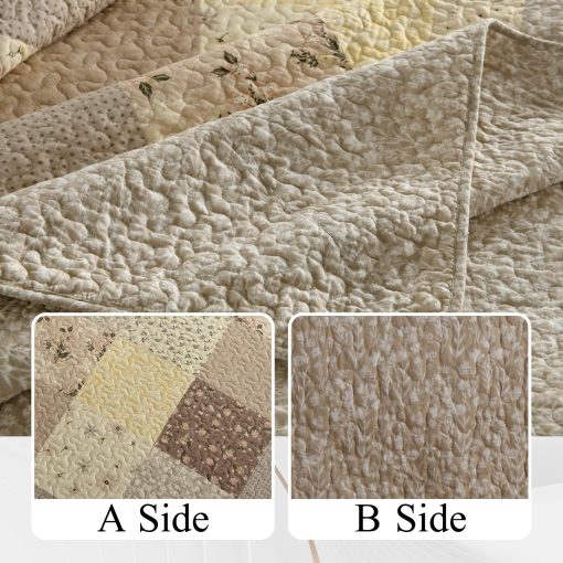Colcha de Cama de 120"x120" Estilo Sobredimensionado California King de Finlonte, 100% Algodon Colcha Cal King Acolchada, Reversible Acolchado Extra Grande de Estilo Granja XL, Marron/Blanco Crema, 3 Piezas - Imagen 4