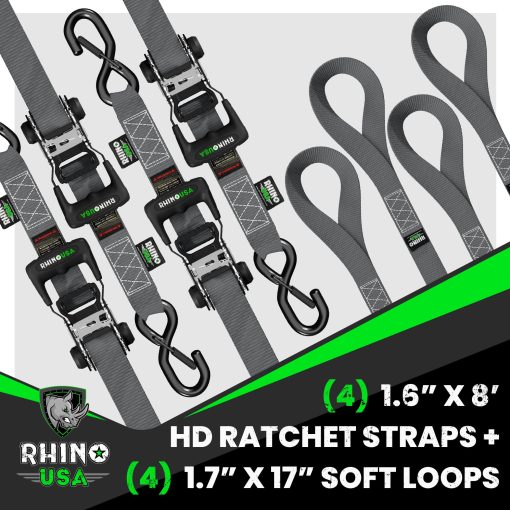 Juego de Correas de Amarre con Trinquete RHINO USA, Resistencia de 5,208 lb - incluye (4) Correas de Trinquete Resistentes con Mangos Acolchados y Ganchos S de Cromoly Recubiertos + (4) Correas de Amarre con Lazos Suaves - Imagen 4