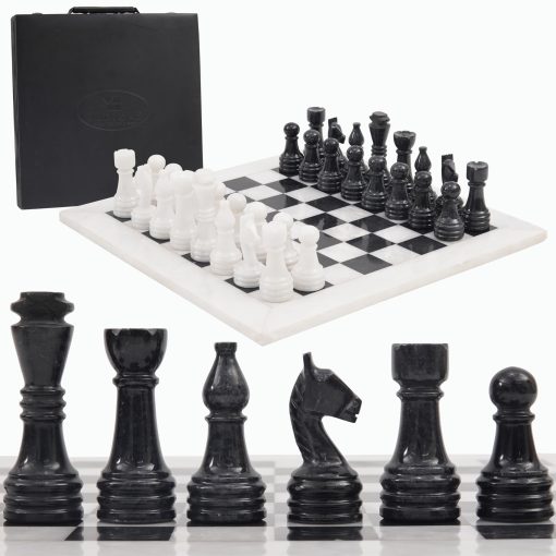 Juego de ajedrez de marmol Radicaln con caja de almacenamiento 15 pulgadas blanco y negro hecho a mano 1 tablero de ajedrez con 32 piezas de ajedrez - Juego de ajedrez para 2 jugadores Juegos de mesa para adultos