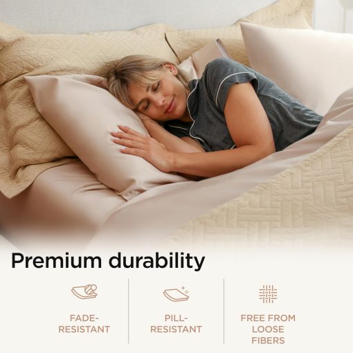 Juego de sabanas de lujo Threadmill de algodon Supima, sabanas de 1200 hilos de algodon 100% suaves para cama King, juego de sabanas King beige de 4 piezas, calidad de hotel de 5 estrellas con sabanas King de bolsillo profundo elasticizado - Imagen 4